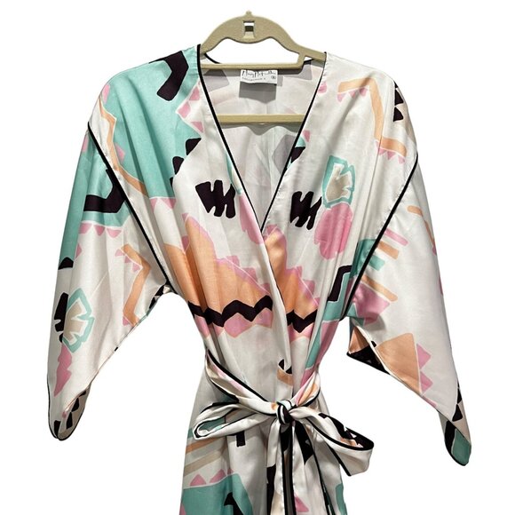 Mary McFadden Collection I Silky Kimono Robe Geometric Abstract Print Satin S - Picture 11 of 15
